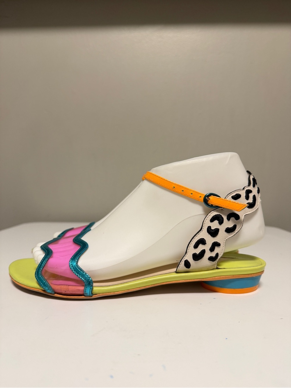 Sophia Webster Sandal Colorful Leopard Wave Strap Neon Clear Pink Blue US 8.5